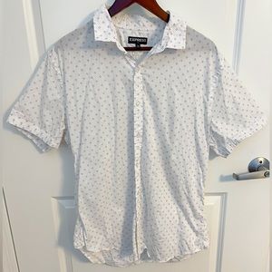 Mens Express white polka dot button up short sleeve shirt
